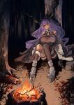  1girl absurdres arknights black_hairband black_horns black_shirt boots breasts campfire coat fake_horns hairband highres horn_hairband horns large_breasts long_hair off_shoulder open_clothes open_coat platform_boots platform_footwear purple_hair rensyu_low shirt single_thighhigh sitting sleeveless sleeveless_shirt thighhighs typhon_(arknights) white_coat 