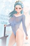  1girl blue_hair blush breasts character_name covered_navel greatsword grey_leotard highleg highleg_leotard highres ilenia large_breasts leotard long_hair long_sleeves looking_at_viewer parted_lips red_eyes sendo_(sendrawz) solo sword thighs unicorn_overlord weapon 