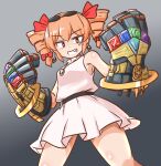  1girl commentary_request dress drill_hair earrings eyewear_on_head gloves gradient_background grey_background infinity_gauntlet jewelry looking_at_viewer mizusoba orange_eyes orange_hair pendant round_eyewear sleeveless sleeveless_dress solo sunglasses touhou twin_drills white_dress yorigami_jo&#039;on 