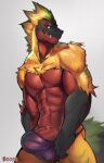 abs absurd_res anthro big_penis boopa bulge clothed clothing dinosaur dromaeosaurid erection fangs genitals hi_res jockstrap jockstrap_only looking_at_viewer male mostly_nude muscular muscular_anthro muscular_male pecs penis penis_base red_body red_eyes red_scales reptile scales scalie solo teeth theropod topless underwear underwear_only vein veiny_penis