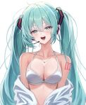  1girl aqua_eyes aqua_hair arm_tattoo bare_shoulders blush bra breasts collarbone commentary elpuchi gem glint green_gemstone hair_between_eyes hair_ornament hatsune_miku headphones headset highres jewelry lace-trimmed_bra lace_trim large_breasts long_hair looking_at_viewer microphone necklace number_tattoo off_shoulder open_clothes open_shirt shirt simple_background smile solo tattoo teeth twintails underwear unkempt upper_body very_long_hair vocaloid white_background white_bra white_shirt 