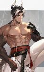  abs absurdres arknights bamboo bara chong_yue_(arknights) dragon dragon_boy dragon_horns dragon_tail highres horns jitanglidexiaoerc looking_at_viewer male_focus pants pectorals pointy_ears red_eyes solo solo_focus tail topless_male white_pants 