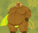 animal_crossing anthro baobaopanda belly big_breasts breasts bud_(animal_crossing) clothed clothing featureless_breasts male musclegut muscular nintendo overweight solo speedo speedo_only swimwear thick_thighs topless