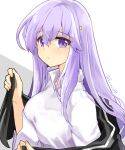  1girl alternate_costume circlet fire_emblem fire_emblem:_genealogy_of_the_holy_war hand_up julia_(fire_emblem) long_hair looking_at_viewer purple_eyes purple_hair simple_background solo yukia_(firstaid0) 