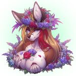  2022 absurd_res anthro big_breasts blonde_hair breast_squish breasts bust_portrait canid canine covering covering_breasts female flower founntain_(character) fox hair hi_res looking_at_viewer mammal naughty_face nude plant portrait red_hair solo squish yusioka 