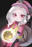  1girl absurdres black_background commentary_request eyelashes gloves glowing golden_egg grey_hair highres jumpsuit lifebuoy long_hair looking_at_viewer mining_helmet negi_kobito octoling octoling_girl octoling_player_character open_mouth pink_eyes pink_jumpsuit rubber_gloves salmon_run_(splatoon) solo splatoon_(series) splatoon_3 standing swim_ring tentacle_hair thick_eyebrows white_gloves 