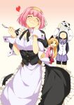  3girls animal_ears apron atelier-moo black_hair blonde_hair breasts cat_ears curtained_hair frilled_apron frills green_eyes highres large_breasts long_hair long_sleeves machida_madoka machida_nodoka machida_tomoka machidake maid maid_apron multiple_girls neck_ribbon open_mouth pink_hair puffy_short_sleeves puffy_sleeves red_ribbon ribbon short_hair short_sleeves simple_background skinny skirt small_breasts smile standing twintails white_apron wrist_cuffs 