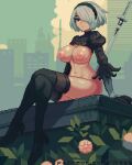  1girl 2b_(nier:automata) black_footwear black_hairband boots bottomless breasts clothes_lift green_eyes hair_over_one_eye hairband itzah large_breasts leaf linea_alba nier:automata nier_(series) nipples patreon_username pixel_art puffy_sleeves pussy shirt_lift short_hair sitting solo sword thigh_boots thighs weapon 