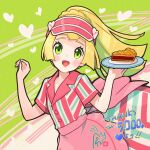  1girl :d apron blonde_hair blush buttons candice_(palentine&#039;s_2024)_(pokemon) candice_(pokemon) candice_(pokemon)_(cosplay) cosplay eyelashes food green_eyes hands_up happy heart highres holding kinocopro lillie_(pokemon) long_hair milestone_celebration open_mouth pie pie_slice pink_apron pink_headwear pokemon pokemon_masters_ex pokemon_sm shirt short_sleeves smile solo thank_you tongue visor_cap 