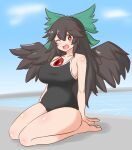  1girl ;d beach bird_wings black_hair black_one-piece_swimsuit black_wings blue_sky bow bright_pupils cloud commentary_request commission full_body green_bow hair_bow hair_flaps long_hair looking_at_viewer mizusoba one-piece_swimsuit one_eye_closed outdoors red_eyes reiuji_utsuho seiza sitting skeb_commission sky smile solo swimsuit third_eye touhou white_pupils wings 