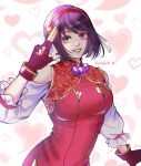  1girl asamiya_athena china_dress chinese_clothes closed_eyes clothing_cutout dress fingerless_gloves gloves hair_ornament hairband idol jewelry lovesick_0 necklace purple_eyes purple_hair red_dress red_hairband salute short_hair shoulder_cutout star_(symbol) star_hair_ornament the_king_of_fighters the_king_of_fighters_xv 