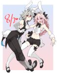  2boys animal_ears antenna_hair ascot astolfo_(fate) black_bow black_bowtie black_footwear black_garter_straps black_pants black_socks bow bow_legwear bowtie braid bunny_day crop_top crossdressing detached_sleeves fake_animal_ears fake_tail fang fate/apocrypha fate/grand_order fate_(series) garter_straps gloves gradient_background grey_hair grey_sleeves hair_between_eyes hair_bow hair_intakes haoro heart highres lapels long_braid long_hair male_focus mary_janes midriff multicolored_hair multiple_boys notched_lapels open_mouth otoko_no_ko pants parted_lips pink_hair purple_eyes rabbit_ears rabbit_tail red_eyes shirt shoes short_hair short_shorts shorts sieg_(fate) single_braid skin_fang sleeveless sleeveless_shirt smile socks streaked_hair tail thighhighs two-tone_hair white_ascot white_gloves white_hair white_shirt white_tail white_thighhighs white_wrist_cuffs wrist_cuffs 