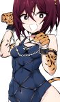  1girl :d absurdres animal_ears animal_hands animal_print bdsm black_eyes blue_one-piece_swimsuit bob_cut bondage bound bright_pupils brown_hair commentary covered_navel cuffs elbow_gloves fake_animal_ears fake_tail gloves highres kinbakuman m-chan_(kinbakuman) old_school_swimsuit one-piece_swimsuit original paw_gloves paw_pose print_gloves school_swimsuit shackles short_hair simple_background smile solo swimsuit tail tiger_ears tiger_print tiger_tail white_background white_pupils 