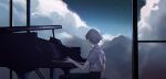  1boy absurdres black_pants cloud cloudy_sky facing_away from_side grand_piano grey_hair highres instrument male_focus music nagisa_kaworu neon_genesis_evangelion pants piano playing_instrument short_hair short_sleeves sitting sky solo vergil_mon 