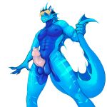 absurd_res anthro aquatic_dragon athletic athletic_anthro athletic_male balls blonde_hair blue_body bodily_fluids claws dragon dripping erection european_mythology foreskin genital_fluids genitals hair hi_res humanoid_genitalia humanoid_penis kranticus long_foreskin looking_at_viewer male marine membrane_(anatomy) mythological_creature mythological_scalie mythology nude penis pink_penis precum precum_drip presenting presenting_penis saggy_balls scalie solo striped_body stripes sweetyborn tail western_dragon