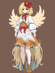  1girl animal_on_head ascot bird bird_on_head bird_tail bird_wings blonde_hair brown_background brown_footwear dress earrings feathered_wings frilled_dress frills full_body highres jewelry long_sleeves multicolored_clothes nito2230 niwatari_kutaka on_head pixel_art puffy_long_sleeves puffy_sleeves red_ascot red_eyes red_hair short_hair solo tail touhou wings 