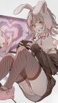  1girl :o animal_ears bare_shoulders black_cardigan black_thighhighs cardigan collarbone controller danganronpa_(series) danganronpa_2:_goodbye_despair dot_nose fake_animal_ears fishnet_thighhighs fishnets flipped_hair foot_out_of_frame foot_up game_controller grey_hair highres holding holding_controller holding_game_controller looking_at_viewer mameko_(l8_w3) medium_hair monomi_(danganronpa) nanami_chiaki neck_ribbon no_pants off_shoulder official_alternate_costume open_cardigan open_clothes open_mouth panties pink_eyes pink_footwear pom_pom_(clothes) rabbit_ears red_ribbon ribbon shirt shoes solo strapless strapless_shirt thighhighs underwear white_panties white_shirt 