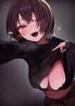  absurdres bangs black_bra blush bra breasts brown_hair cleavage clothes_lift fang fangs highres large_breasts lifted_by_self navel open_mouth original pomesaurus red_eyes short_hair stomach underwear 