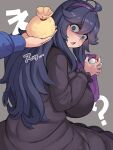  1girl absurdres ahoge breasts curvy dress hair_between_eyes hairband hex_maniac_(pokemon) highres large_breasts long_hair looking_back maki_ikazuya messy_hair open_mouth plump poke_ball pokemon pokemon_xy purple_eyes purple_hair purple_hairband very_long_hair 