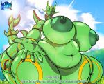 2024 5_fingers absurd_res alternate_version_at_source anthro areola artist_logo biped darnella_(kaithunderstone75) dialogue english_text eyes_closed female fingers generation_3_pokemon green_areola green_body green_nipples hi_res kaithunderstone75 legendary_pokemon logo mature_anthro mature_female montgomery_glands navel nintendo nipples nude open_mouth open_smile outside pokemon pokemon_(species) pokemorph rayquaza slightly_chubby slightly_chubby_anthro slightly_chubby_female smile solo text thick_thighs