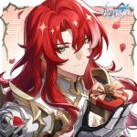 1boy argenti_(honkai:_star_rail) armor box breastplate commentary_request green_eyes heart-shaped_box holding holding_box honkai:_star_rail honkai_(series) long_hair looking_at_viewer male_focus official_art red_hair smile solo upper_body 