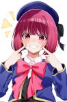  1girl arima_kana beret blue_headwear blue_vest blush bob_cut corrupted_twitter_file hat hat_ribbon highres inverted_bob looking_at_viewer nomo_(road0620rever) oshi_no_ko pink_ribbon red_eyes red_hair ribbon school_uniform short_hair simple_background smile solo sweater_vest upper_body vest white_background youtou_high_school_uniform 