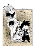  2boys 2girls armor black_hair bow bulma cape chi-chi_(dragon_ball) child commentary commentary_request dougi dragon_ball dragon_ball_(classic) female_child hair_bow hands_on_another&#039;s_arms lifting_person male_child monkey_tail monochrome multiple_boys multiple_girls navel saiyan_armor senka-san simple_background skirt son_goku spiked_hair tail time_paradox vegeta worried 