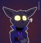  anthro belt black_body black_fur bodily_fluids cataxdrk2020 clothed clothing emanata fur half-length_portrait hi_res holding_arm league_of_legends male portrait purple_clothing purple_robe riot_games robe simple_background solo sweat sweatdrop veigar wizard_robe yellow_eyes yordle 