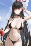  1girl alternate_costume arm_up armpits bikini black_bikini black_choker black_hair blue_archive blush breasts choker collarbone commentary cup drink hair_ornament hairclip halo highres holding holding_cup ki-16 large_breasts long_hair looking_at_viewer navel outdoors red_eyes ringed_eyes rio_(blue_archive) solo stomach straight_hair string_bikini swimsuit very_long_hair 