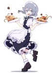  1girl absurdres apron black_dress black_footwear blue_eyes blush braid dress food frilled_dress frills full_body grey_hair highres holding holding_plate izayoi_sakuya kame_(kamepan44231) maid_apron maid_headdress open_mouth pasta plate puffy_short_sleeves puffy_sleeves shoes short_hair short_sleeves simple_background socks solo touhou twin_braids white_apron white_background white_socks 