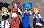  4girls ahegao alice_margatroid annyui_(cookie) apron asymmetrical_legwear bangs black_eyes black_headwear black_skirt black_vest blonde_hair blood blood_on_clothes blood_on_face blue_bow blue_dress blue_eyes blue_hair blush boots bow bowtie braid breasts brown_footwear brown_necktie capelet chair cirno collared_capelet collared_shirt column_lineup commentary_request constricted_pupils cookie_(touhou) dark-skinned_female dark_skin detached_sleeves double_v dress empty_eyes feet_out_of_frame flat_chest frilled_bow frilled_hair_tubes frills grey_background grin hair_bow hair_tubes hairband hakurei_reimu hat highres holding holding_sword holding_weapon impossible_clothes impossible_shirt katana kirisame_marisa large_breasts long_hair looking_at_viewer medium_breasts midriff multiple_girls mutsurai_rempo necktie noel_(cookie) one_eye_closed open_mouth pinafore_dress red_bow red_bowtie red_hairband red_sash red_skirt sash shaded_face sharp_teeth shirt short_sleeves side_braid single_braid sitting skirt skirt_set sleeveless sleeveless_shirt smile star_(symbol) suzu_(cookie) sword taisa_(cookie) teeth touhou uneven_legwear unusually_open_eyes upturned_eyes v vest waist_apron weapon white_apron white_capelet white_sleeves witch_hat 