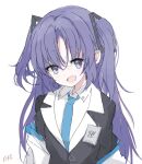  1girl artist_name blue_archive blue_eyes blue_necktie core_(mayomayo) highres jacket looking_to_the_side necktie open_mouth purple_hair simple_background solo triangle_hair_ornament two-sided_fabric two-sided_jacket two_side_up upper_body white_background yuuka_(blue_archive) 