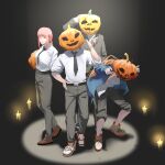  2boys 2girls belt black_jacket black_necktie black_pants blonde_hair blue_hoodie braid braided_ponytail brown_footwear candle chainsaw_man claw_pose collared_shirt denji_(chainsaw_man) food formal halloween hand_on_hip hayakawa_aki hdhenry highres holding holding_food holding_pumpkin holding_vegetable hood hoodie horns horns_through_headwear hunched_over jacket katana long_hair looking_at_viewer makima_(chainsaw_man) medium_hair multiple_boys multiple_girls necktie pants pants_rolled_up power_(chainsaw_man) pumpkin pumpkin_on_head red_hair red_horns shirt shirt_tucked_in shoes sidelocks smile sneakers spotlight suit suit_jacket sword v vegetable weapon weapon_on_back white_footwear white_shirt yellow_eyes 