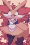  1girl :3 animal_ear_fluff animal_ears animal_focus apron arm_at_side black_fur blue_shirt blush body_fur braixen bright_pupils clothed_pokemon commentary fang flat_chest fox_ears fox_girl fox_tail frilled_apron frills full_body furry furry_female hand_up happy highres legs_together long_sleeves looking_at_viewer maid maid_apron multicolored_fur nose_blush open_mouth pokemon pokemon_(creature) red_background red_eyes sakuyan_(sakuyan1007) shirt smile solo standing stick tail white_apron white_fur white_pupils yellow_fur 
