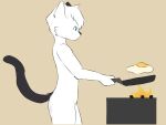 anthro cooking domestic_cat felid feline felis fried_egg fur male mammal meko pregnant pregnant_male slimy_butt solo white_body white_fur zafox_id