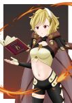  1girl alternate_costume blonde_hair book citrinne_(fire_emblem) feather_hair_ornament feathers fire_emblem fire_emblem_engage hair_ornament highres holding holding_book midriff navel niwaka_(nininiwawaka) red_eyes sage_outfit_(fire_emblem_engage) wing_hair_ornament 