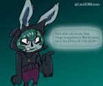  ambiguous_gender anthro cataxdrk2020 clenched_teeth clothing cross-popping_vein dialogue english_text female_(lore) gesture green_hair hair hoodie jewelry lagomorph league_of_legends leporid long_sleeves mammal necklace pointing rabbit red_eyes riot_games simple_background solo teeth text topwear vex_(lol) watermark yordle 