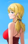  1girl absurdres ahoge blonde_hair blush breasts hachimiya_meguru highres idolmaster idolmaster_shiny_colors large_breasts looking_at_viewer median_furrow pdal_(pdalhhh) profile sideways_glance smile solo twintails upper_body 