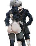 1boy 1girl 2b_(nier:automata) 9s_(nier:automata) arhnt artist_name ass back_cutout black_blindfold black_dress black_gloves black_hairband black_shorts blindfold bob_cut boots breasts choker closed_mouth clothing_cutout commentary covered_eyes dress facing_viewer feet_out_of_frame gloves grey_hair grey_leotard grey_thighhighs hairband highres holding_hands jewelry juliet_sleeves leotard leotard_under_clothes long_sleeves nier:automata nier_(series) no_pants pendant puffy_sleeves short_hair shorts smile standing thighhighs white_hair 