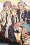  1girl 1other 3boys androgynous ann_yasu_d black_necktie black_skirt black_star blonde_hair blue_hair choppy_bangs closed_eyes collared_shirt crona_(soul_eater) death_the_kid facing_viewer formal grin happy highres kneehighs looking_at_another looking_at_viewer maka_albarn multicolored_hair multiple_boys necktie pleated_skirt purple_hair red_eyes salute selfie sharp_teeth shirt short_hair_with_long_locks skirt smile socks soul_eater soul_evans spiked_hair teeth twintails twitter_username two-finger_salute two-tone_hair v white_hair white_shirt 