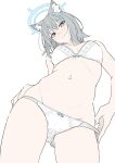  1girl animal_ear_fluff animal_ears blue_archive blue_eyes blush bow bow_bra bow_panties bra breasts closed_mouth commentary cowboy_shot cross_hair_ornament from_below grey_hair hair_ornament halo highres looking_at_viewer looking_down masabodo medium_breasts mismatched_pupils navel panties panty_pull pulled_by_self shiroko_(blue_archive) simple_background solo stomach symbol-only_commentary underwear underwear_only white_background white_bra white_panties wolf_ears 