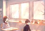  1boy 1girl absurdres bangs black_eyes black_jacket blue_sailor_collar book box brown_hair cardboard_box cardigan cherry_blossoms classroom day desk eraser flower_pot gakuran grey_cardigan highres holding holding_pen indoors jacket light_particles long_sleeves looking_down looking_outside looking_to_the_side mokunoki morning neckerchief notes on_chair open_book original paper pen plant potted_plant red_neckerchief ruler sailor_collar scenery school school_desk school_uniform serafuku short_hair signature sitting spring_(season) sunlight tree window 