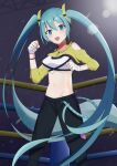  1girl aoki_ao blue_eyes blush boxing_ring clenched_hands clothing_cutout fingernails fitness_boxing hair_ornament hatsune_miku highres long_hair looking_at_viewer midriff nail_polish navel open_mouth pants shoulder_cutout shrug_(clothing) solo sports_bra twintails very_long_hair vocaloid 