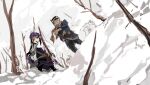  1boy 1girl apios asirpa bare_tree belt black_hair black_headwear black_leggings black_pants blue_eyes blue_jacket bow_(weapon) breath brown_shirt cloud commentary dated_commentary day dress dutch_angle earrings fur_(clothing) golden_kamuy grey_eyes gun gun_on_back half-closed_eyes hand_up hat headband highres holding holding_bow_(weapon) holding_weapon jacket jewelry leggings long_hair long_sleeves looking_to_the_side multicolored_clothes multicolored_scarf open_clothes open_jacket open_mouth outdoors pants parted_lips peaked_cap pouch purple_dress purple_headband scar scar_on_face scarf shirt short_hair sketch snow standing star_(symbol) striped striped_scarf sugimoto_saichi tree weapon weapon_on_back white_sky wide_sleeves winter_clothes 