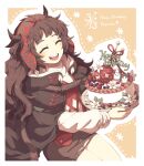  1girl :d arknights birthday_cake black_capelet black_skirt blush border brown_hair cake capelet closed_eyes dated detached_hood dot_nose food from_side happy_birthday holding holding_plate hood horns lari_lab legs_together long_hair miniskirt open_mouth paprika_(arknights) pencil_skirt plate red_hood red_shirt shirt sitting skirt smile solo teeth thighs upper_teeth_only wavy_hair white_border 