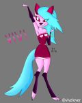 absurd_res anthro armwear blue_hair bracelet breasts canid canine clothed clothing female fox grey_background hair heart_symbol hi_res jewelry mammal model_sheet pink_body red_eyes simple_background smile solo tail vivzlover