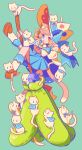  1girl adjusting_clothes adjusting_headwear animal animal_ear_fluff animal_ears animal_hat animal_on_foot animal_on_head animal_on_leg bell belt between_thighs blue_belt blue_cape blue_eyes blue_sailor_collar bow bright_pupils broom cape cat cat_ears cat_girl cat_hat cat_tail clothed_animal commentary_request green_background hat hat_bow heterochromia highres holding holding_broom jingle_bell loafers long_sleeves medium_hair on_head orange_eyes orange_footwear orange_headwear original oversized_object pink_bow pink_hair pink_tail piyoko9494 pleated_skirt puffy_long_sleeves puffy_sleeves sailor_collar shirt shoes skirt socks solo tail tongue tongue_out two-sided_cape two-sided_fabric two-sided_headwear white_cape white_cat white_headwear white_pupils white_shirt white_socks witch_hat 