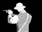  1boy aiming apios arms_up bald black_background commentary dated_commentary from_behind golden_kamuy greyscale gun handgun headphones holding holding_gun holding_weapon long_sleeves male_focus monochrome shirt simple_background sketch solo standing toni_anji two-handed upper_body vest weapon 