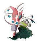  animal_focus apios blue_sclera blush bone bow bowtie colored_sclera commentary dated_commentary fang full_body goomy grass hair_bow looking_at_viewer mouth_hold no_humans nose_blush open_mouth pink_bow pink_bowtie pokemon pokemon_(creature) ribbon simple_background standing sylveon white_background white_eyes white_ribbon 