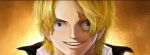  1boy black_eyes blonde_hair commentary_request highres ljjshmhday male_focus one_piece open_mouth sabo_(one_piece) scar scar_across_eye scar_on_face short_hair smile solo teeth 